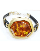 Bracelet Ambre Pierre 2.5 cm Silicone et Argent 925 Plaqué Or (Vermeil)  avec Fermoir 19 cm