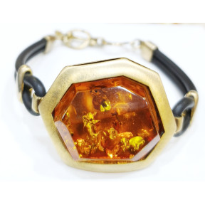 Bracelet Ambre Pierre 2.5 cm Silicone et Argent 925 Plaqué Or (Vermeil)  avec Fermoir 19 cm