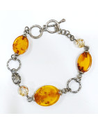 Bracelet Ambre Baltique Pierres Plates Ovales 18-20mm Argent 925 20 cm