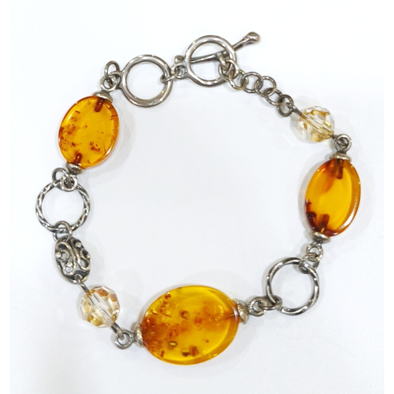 Bracelet Ambre Baltique Pierres Plates Ovales 18-20mm Argent 925 20 cm
