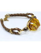 Bracelet Ambre Pierre 20x15mm Cuir Tressé Inserts et Fermoir Argent 925 Plaqué Or (Vermeil) 17 + 3 cm