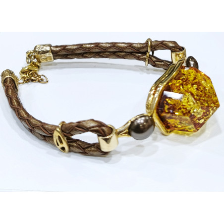 Bracelet Ambre Pierre 20x15mm Cuir Tressé Inserts et Fermoir Argent 925 Plaqué Or (Vermeil) 17 + 3 cm