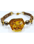 Bracelet Ambre Pierre 20x15mm Cuir Tressé Inserts et Fermoir Argent 925 Plaqué Or (Vermeil) 17 + 3 cm