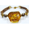 Bracelet Ambre Pierre 20x15mm Cuir Tressé Inserts et Fermoir Argent 925 Plaqué Or (Vermeil) 17 + 3 cm