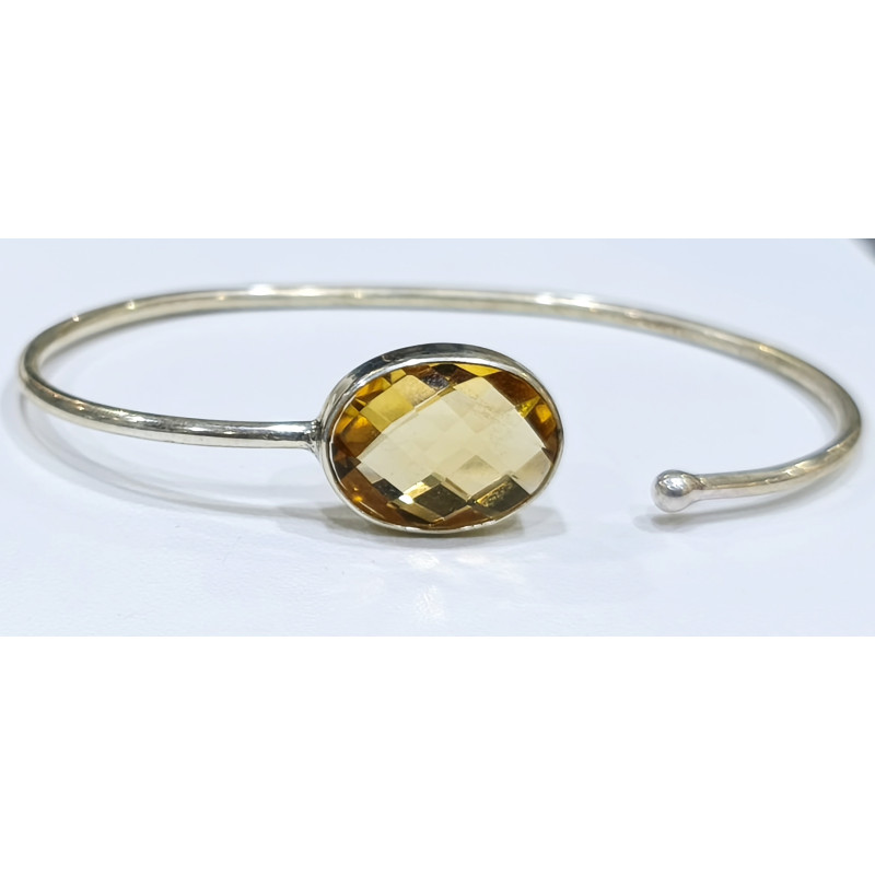 Bracelet Citrine Pierre Ovale Facettée 15mm Serties Argent 925 Ajustable