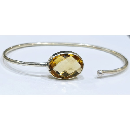Bracelet Citrine Pierre Ovale Facettée 15mm Serties Argent 925 Ajustable