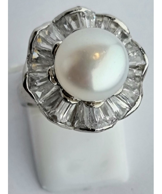 Bague Perle d'au douce & Zirconium Fleur Métal rhodié (s)