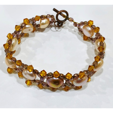 Bracelet Perles d'Eau Douce et Swarovski avec Fermoir Cuivre 19 cm