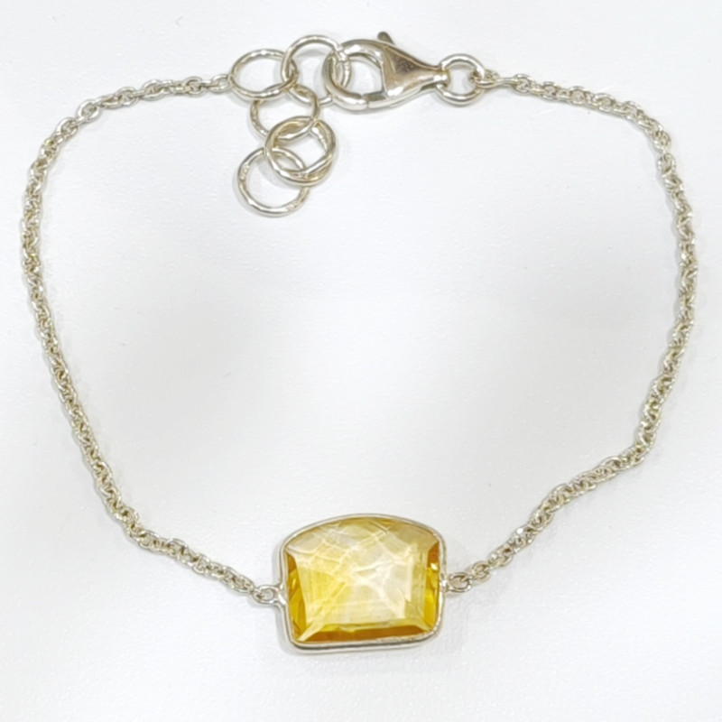 Bracelet Citrine Pierre Facettée 10x12mm Chaînette Argent 925 avec Fermoir 17 + 3 cm