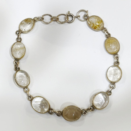 Bracelet Citrine 9 Pierres Ovales 10mm Serties Argent 925 avec Fermoir 19 cm