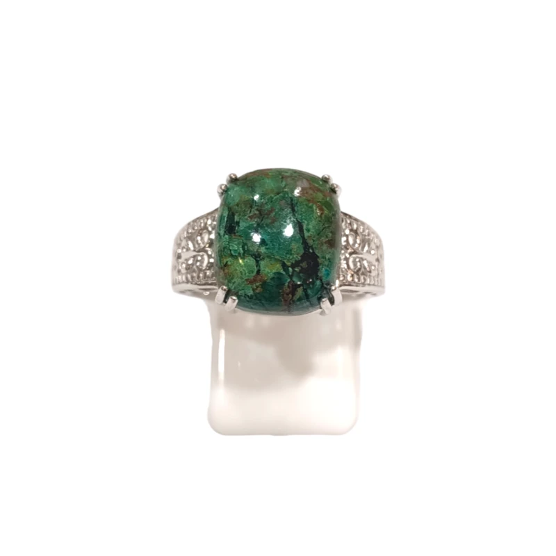 Bague Chrysocolle Rectangulaire Argent 925 Ciselé Taille 56+