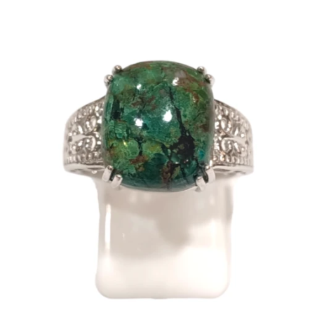Bague Chrysocolle Rectangulaire Argent 925 Ciselé Taille 56+