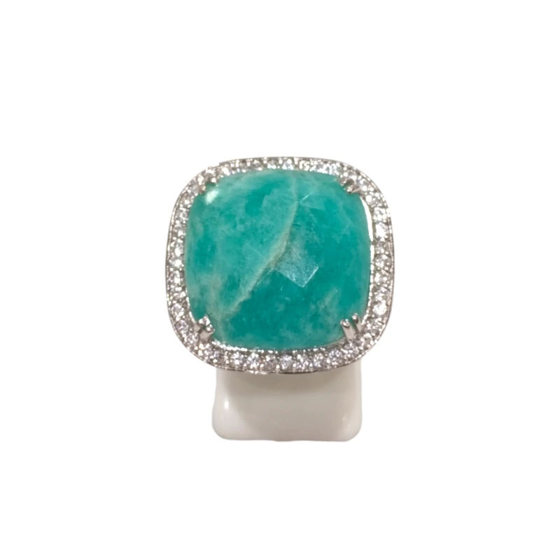 Bague Amazonite Carré Facettée et Topaze Blanche Argent 925 Taille 53