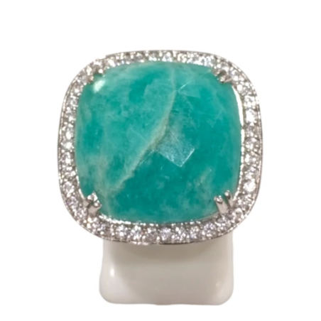 Bague Amazonite Carré Facettée et Topaze Blanche Argent 925 Taille 53