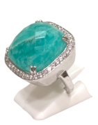 Bague Amazonite Carré Facettée et Topaze Blanche Argent 925 Taille 53