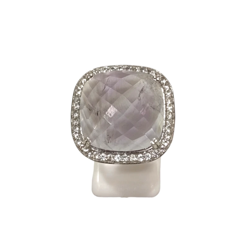 Bague Améthyste Carrée Facettée et Topaze Blanche Argent 925 Taille 51+
