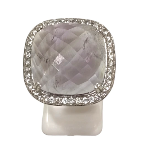 Bague Améthyste Carrée Facettée et Topaze Blanche Argent 925 Taille 51+