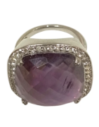 Bague Améthyste Carrée Facettée et Topaze Blanche Argent 925 Taille 51+