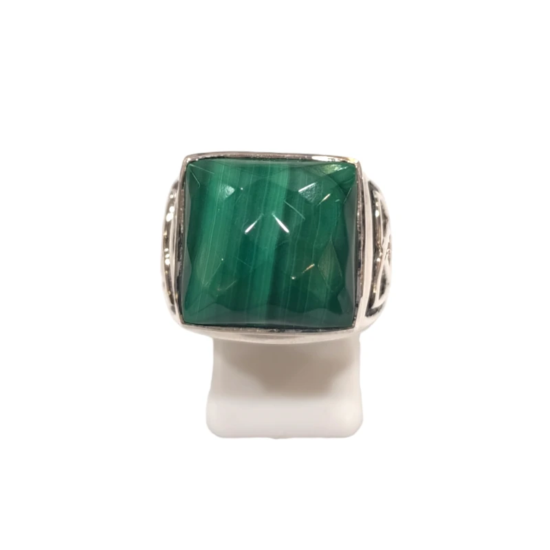 Bague Malachite Carrée Facettée Triquetra Argent 925 Taille 58