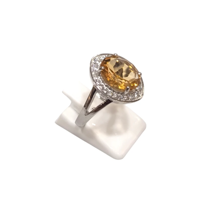Bague Citrine Ronde Facetté et Topaze Blanche Argent 925 Taille 58