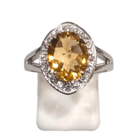 Bague Citrine Ronde Facetté et Topaze Blanche Argent 925 Taille 58