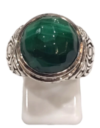 Bague Malachite Ronde Facetté Argent 925 Ciselé Type Chevalière Taille 57