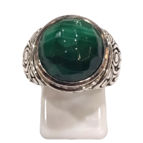 Bague Malachite Ronde Facetté Argent 925 Ciselé Type Chevalière Taille 57