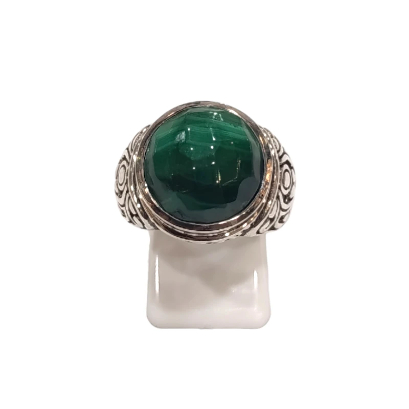 Bague Malachite Ronde Facetté Argent 925 Ciselé Type Chevalière Taille 57