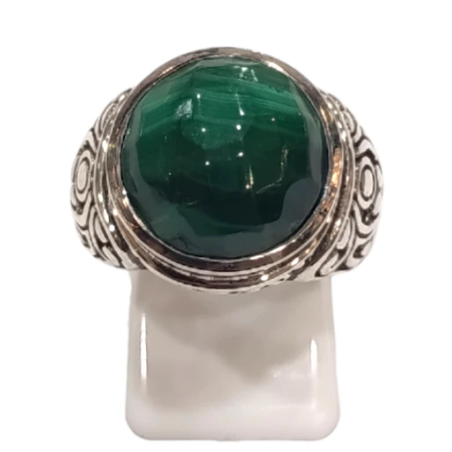 Bague Malachite Ronde Facetté Argent 925 Ciselé Type Chevalière Taille 57