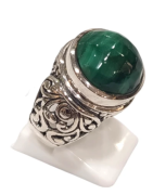 Bague Malachite Ronde Facetté Argent 925 Ciselé Type Chevalière Taille 57
