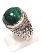 Bague Malachite Ronde Facetté Argent 925 Ciselé Type Chevalière Taille 57