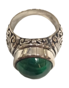 Bague Malachite Ronde Facetté Argent 925 Ciselé Type Chevalière Taille 57