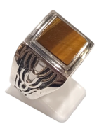 Bague Œil de Tigre Carré Argent 925 Ciselé Type Chevalière Taille 67