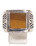 Bague Œil de Tigre Carré Argent 925 Ciselé Type Chevalière Taille 67