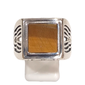 Bague Œil de Tigre Carré Argent 925 Ciselé Type Chevalière Taille 67