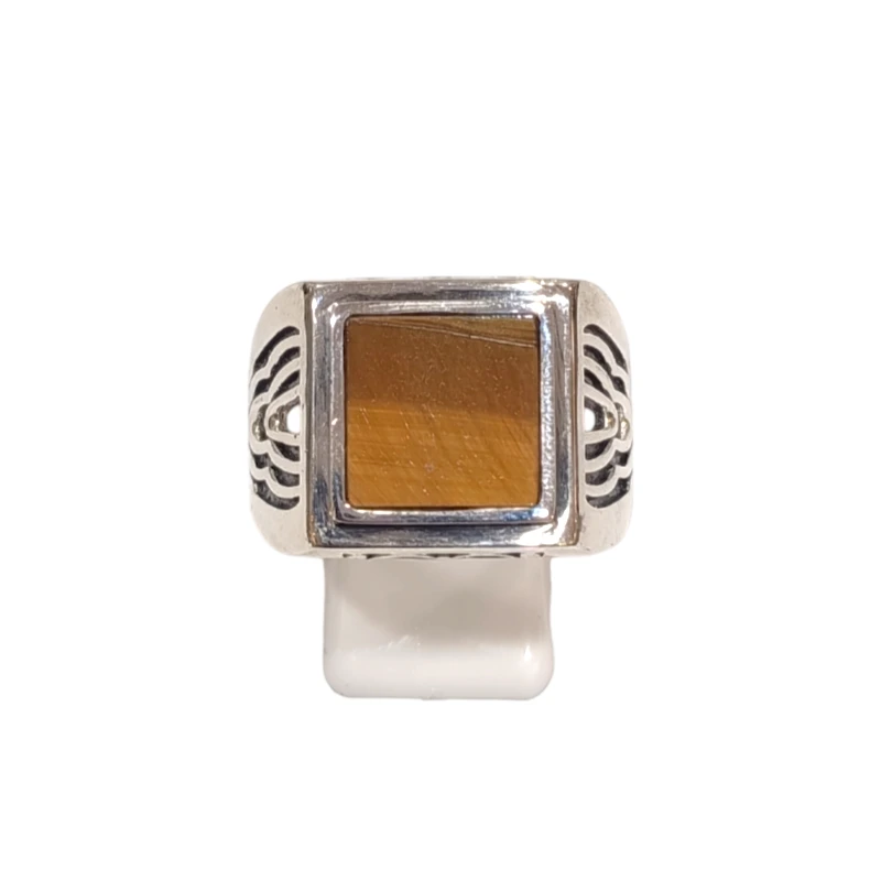 Bague Œil de Tigre Carré Argent 925 Ciselé Type Chevalière Taille 67