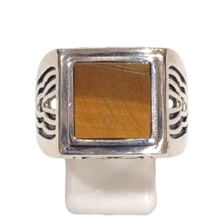 Bague Œil de Tigre Carré Argent 925 Ciselé Type Chevalière Taille 67