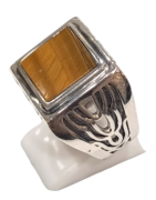 Bague Œil de Tigre Carré Argent 925 Ciselé Type Chevalière Taille 67