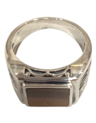 Bague Œil de Tigre Carré Argent 925 Ciselé Type Chevalière Taille 67