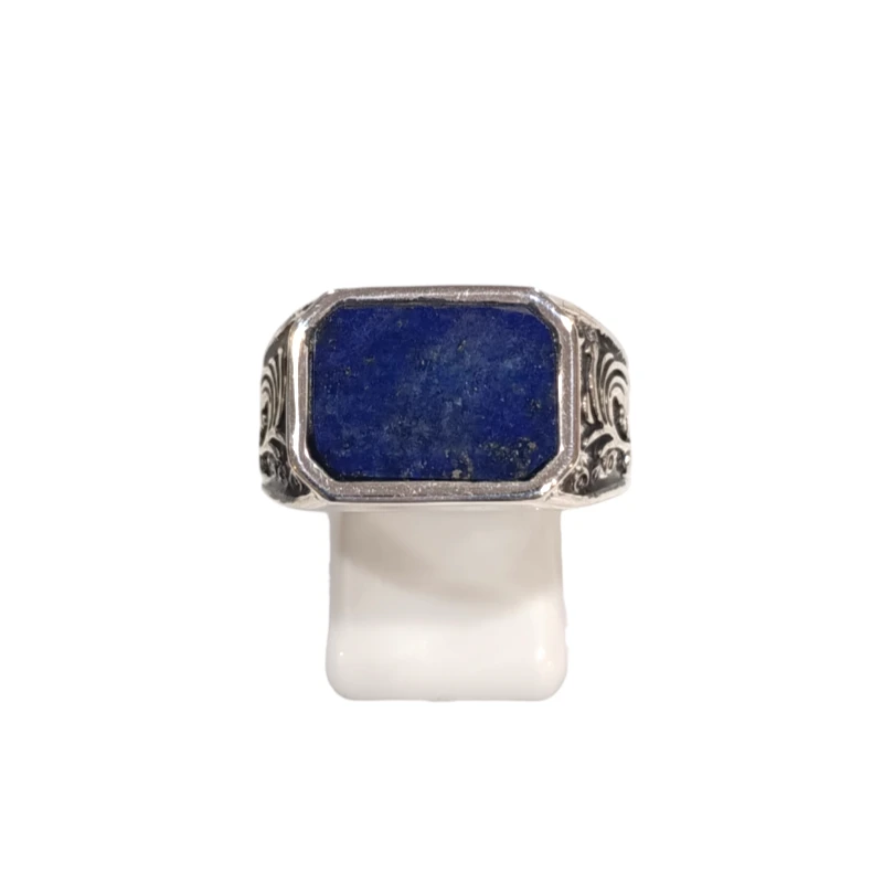 Bague Lapis-lazuli Rectangulaire Argent 925 Ciselé Type Chevalière Taille 62