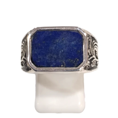Bague Lapis-lazuli Rectangulaire Argent 925 Ciselé Type Chevalière Taille 62