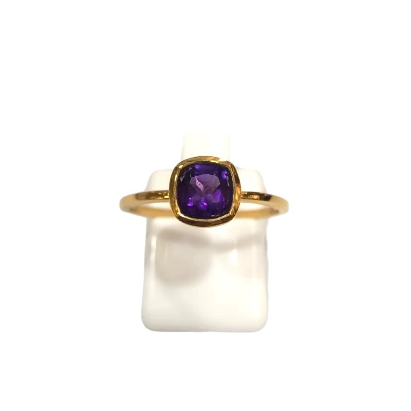 Bague Améthyste Carré Facetté Argent 925 Plaqué Or "Vermeil" Taille 56
