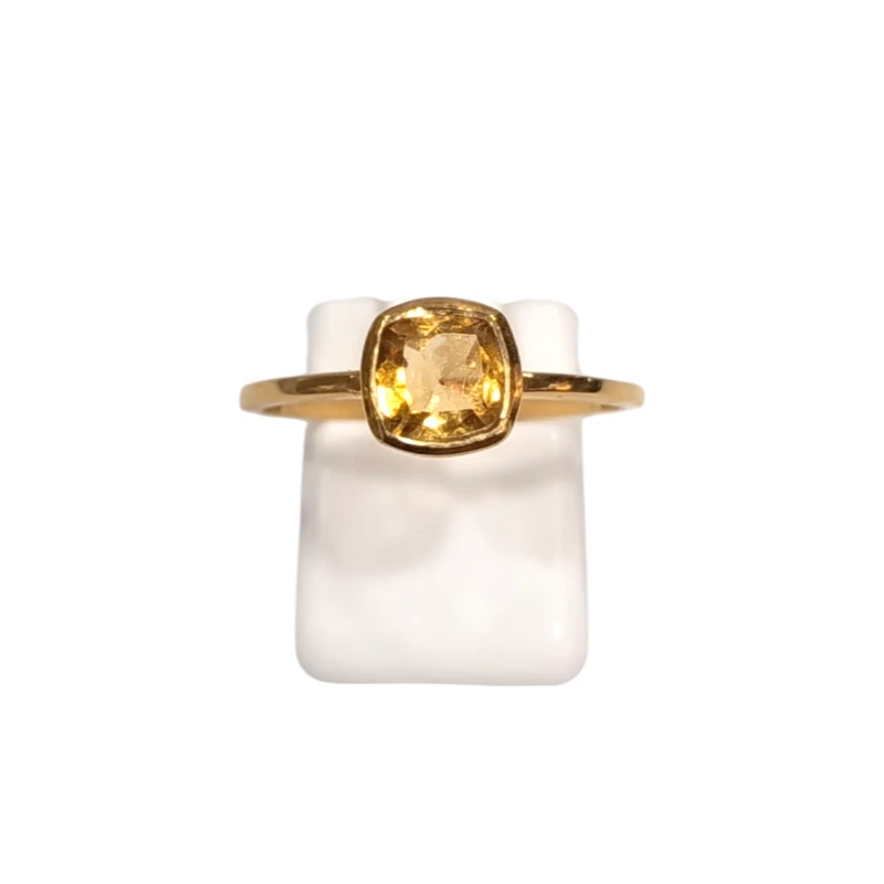 Bague Citrine Carrée Facettée Argent 925 Plaqué Or Taille 59