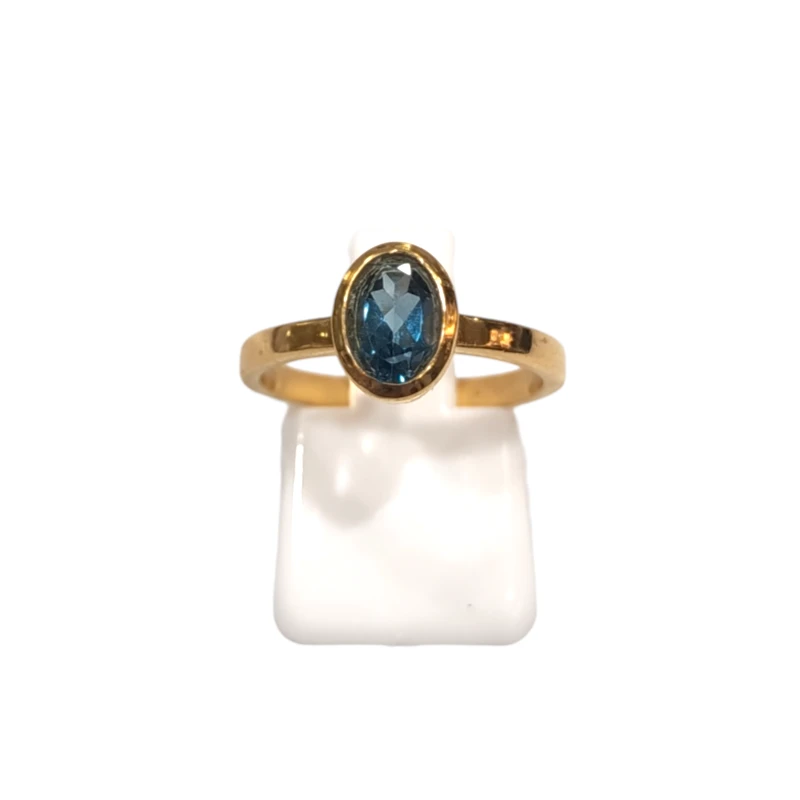 Bague Topaze Bleue de Londres Ovale Facetté Argent 925 Plaqué Or Taille 52