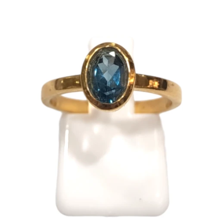 Bague Topaze Bleue de Londres Ovale Facetté Argent 925 Plaqué Or Taille 52