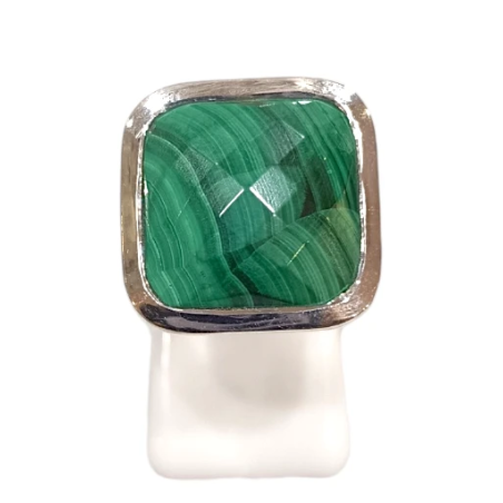 Bague Malachite Carrée Facettée Argent 925 Taille 60