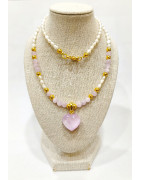 Collier Perles d'Eau Douce Grain de Riz  Cœur Kunzite Perles Quartz Rose  44 cm
