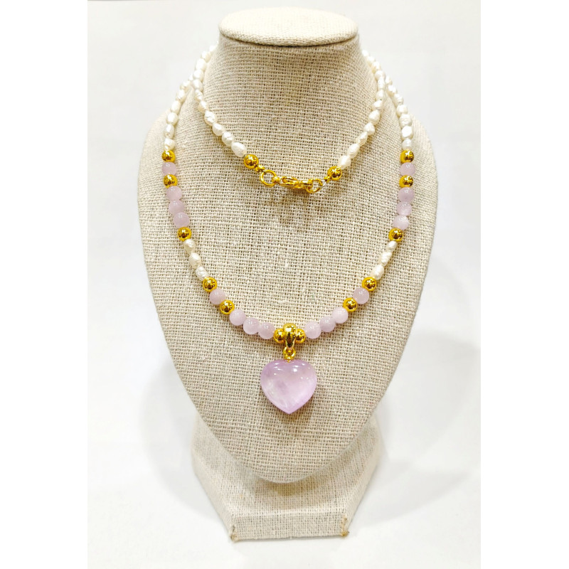 Collier Perles d'Eau Douce Grain de Riz  Cœur Kunzite Perles Quartz Rose  44 cm