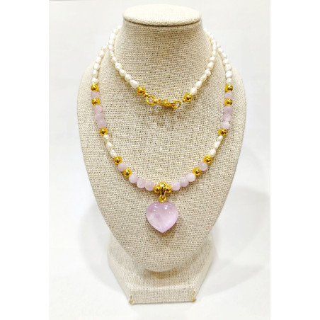Collier Perles d'Eau Douce Grain de Riz  Cœur Kunzite Perles Quartz Rose  44 cm