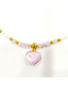 Collier Perles d'Eau Douce Grain de Riz  Cœur Kunzite Perles Quartz Rose  44 cm